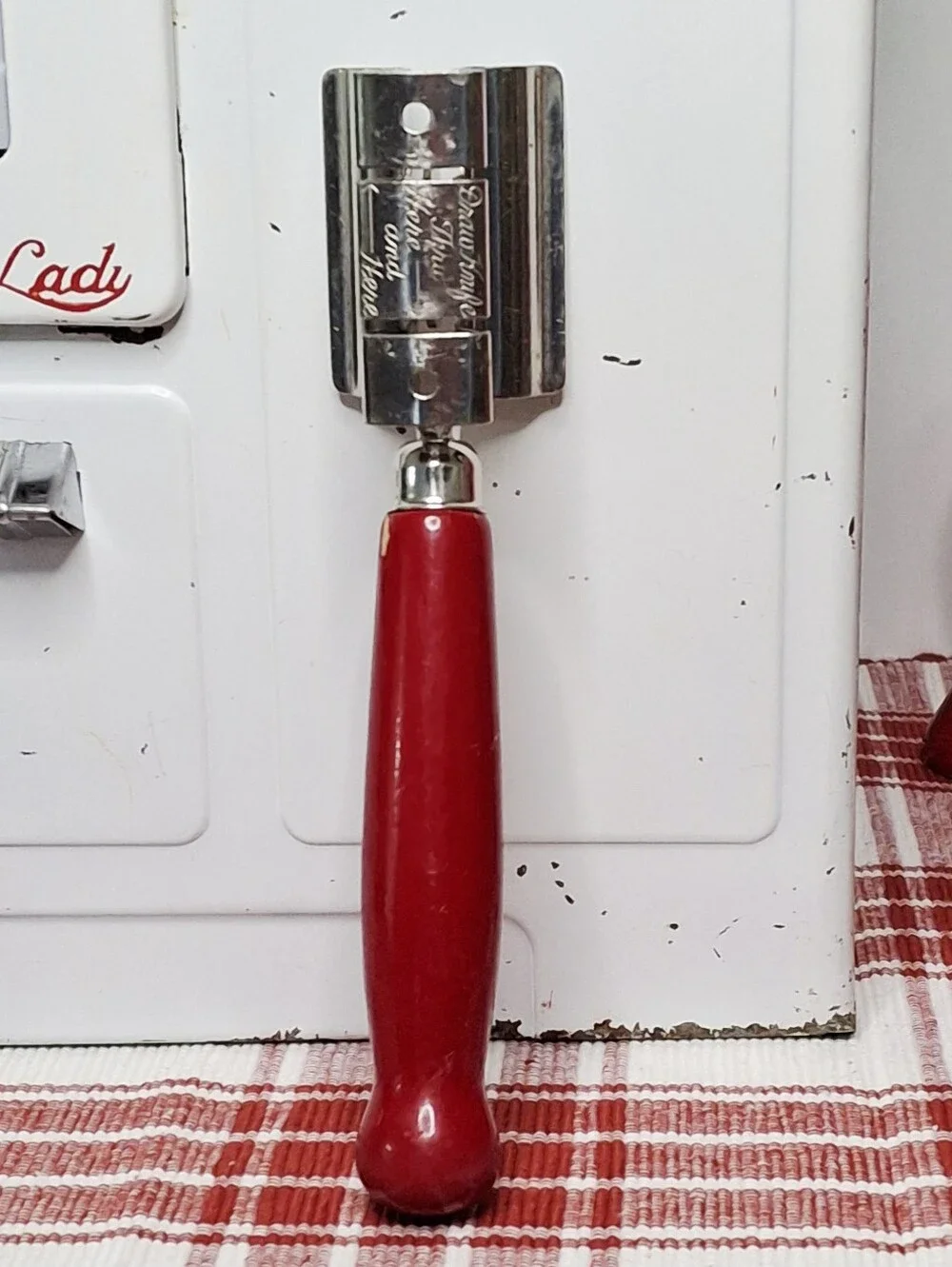 Vintage Red Ekco A&J Knife Sharpener Kitchen Tool Collectible USA